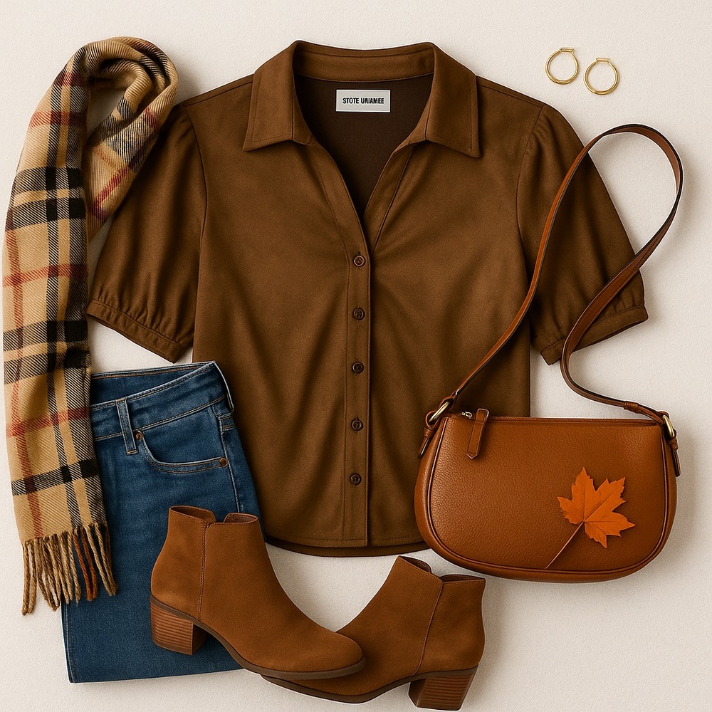 Steve Madden Faux Suede Puff Sleeve Button-Down Shirt – Brown – Size S/M